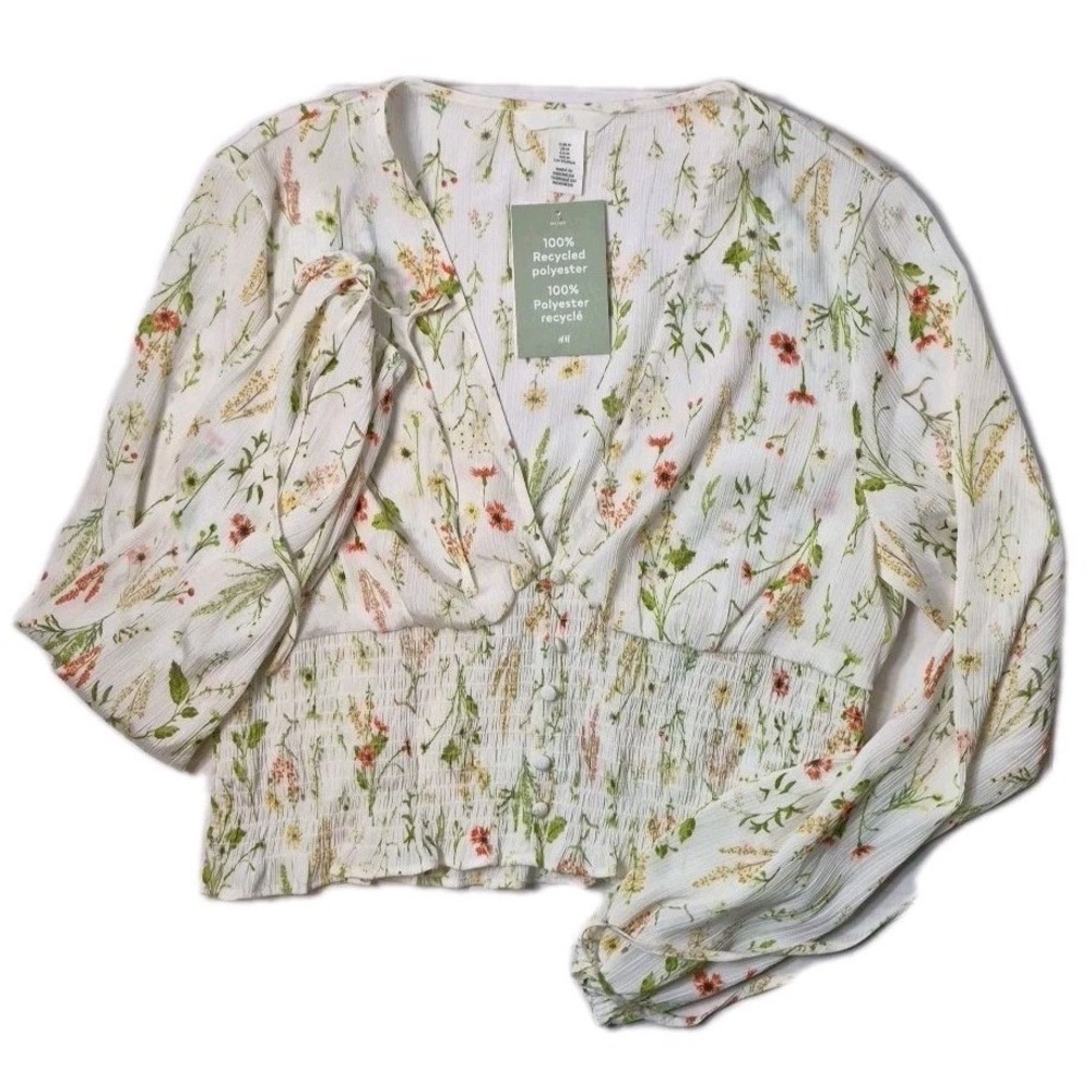 H&M Floral Smocked Blouse Top Womens M Balloon Sleeve Deep V-Neck NWT Boho